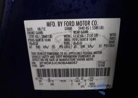 2013 Ford Edge Sel from USA, damaged, VIN 2FMDK3JC9DBA86057